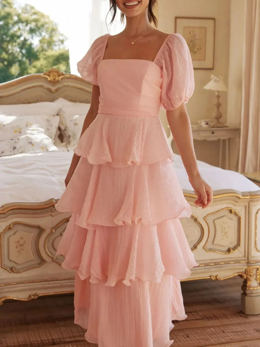 Square Collar Puff Sleeve Cake Skirt Vacation Parties Maxi Dresses - Image 7