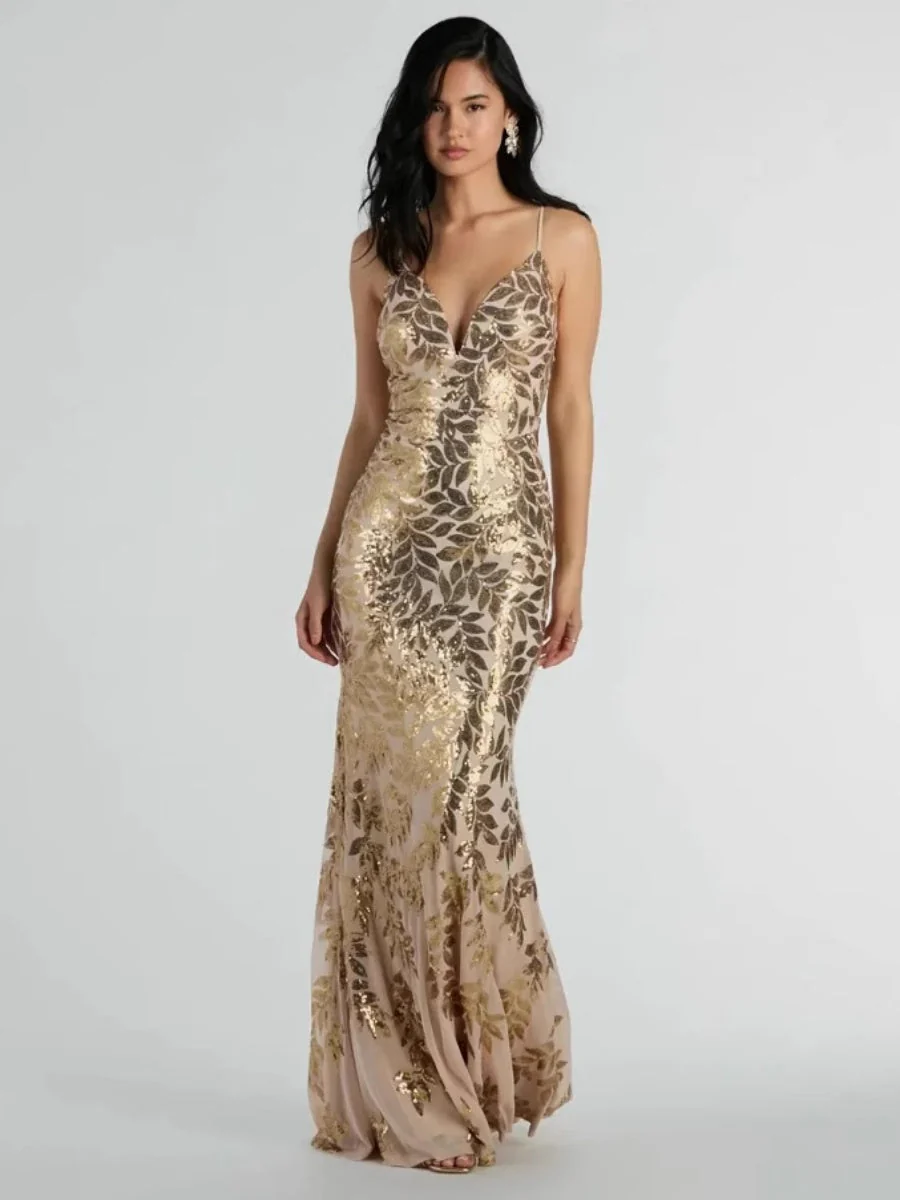 Backless Sequins Gold Parties Maxi Dresses