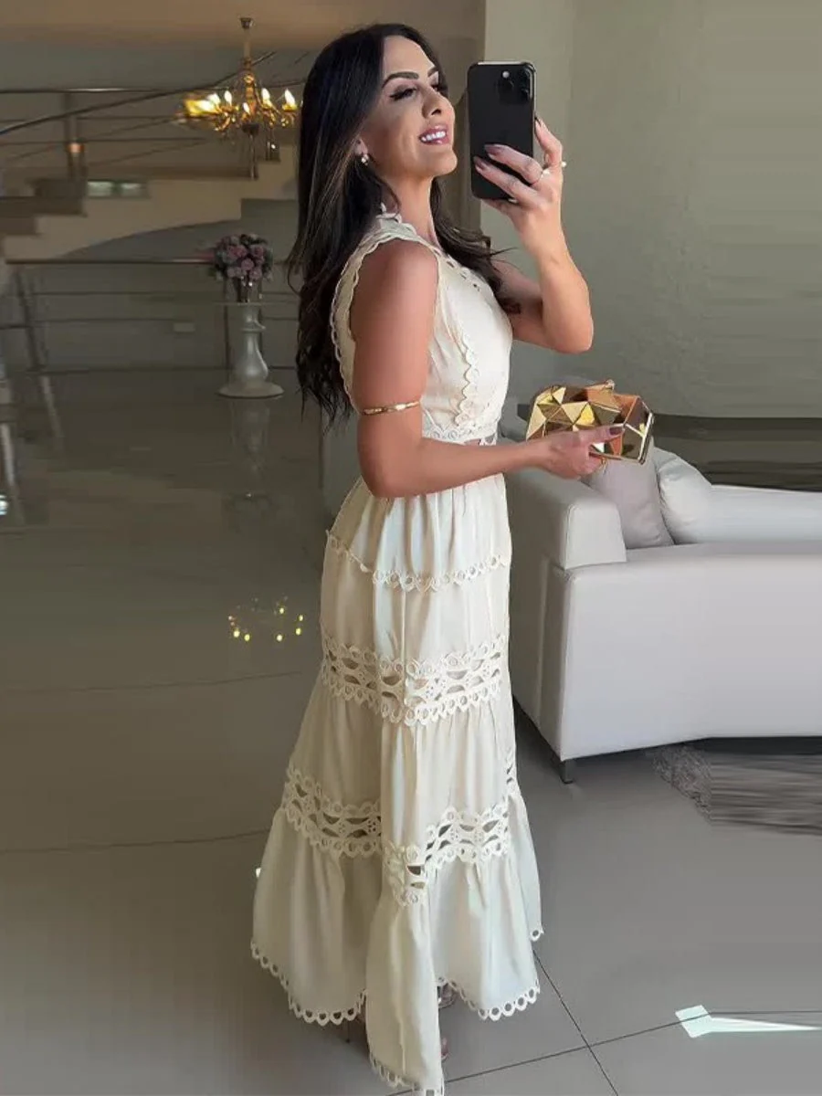 Openwork Embroidery V-neck Slimming Maxi Dresses - Image 2