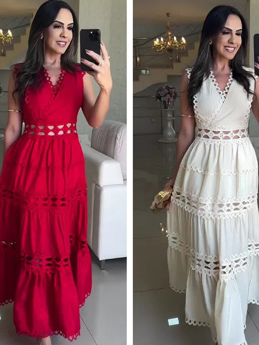 Openwork Embroidery V-neck Slimming Maxi Dresses - Image 3