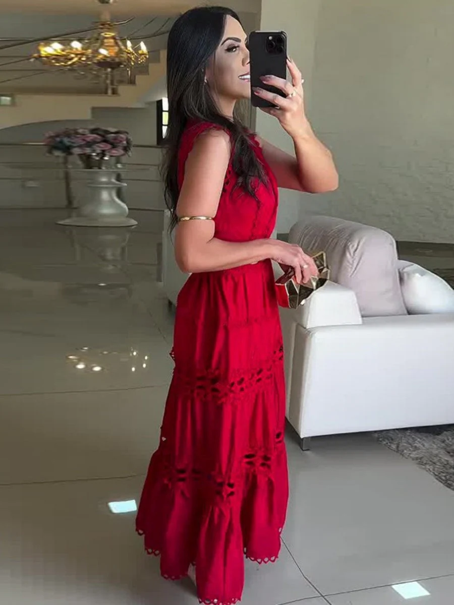 Openwork Embroidery V-neck Slimming Maxi Dresses - Image 5