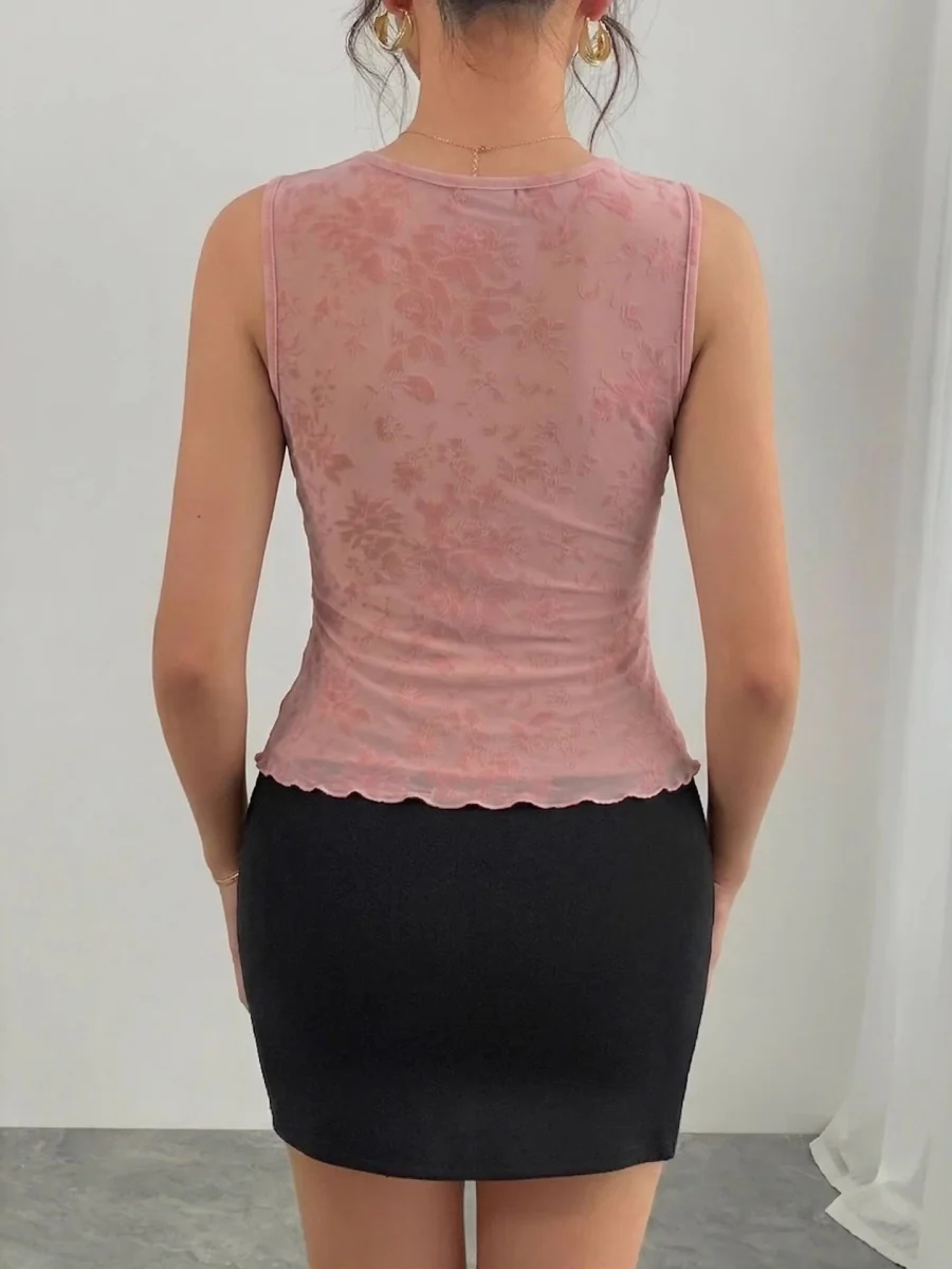 Flocking Mesh Pink Lace V-neck Tank Tops - Image 2