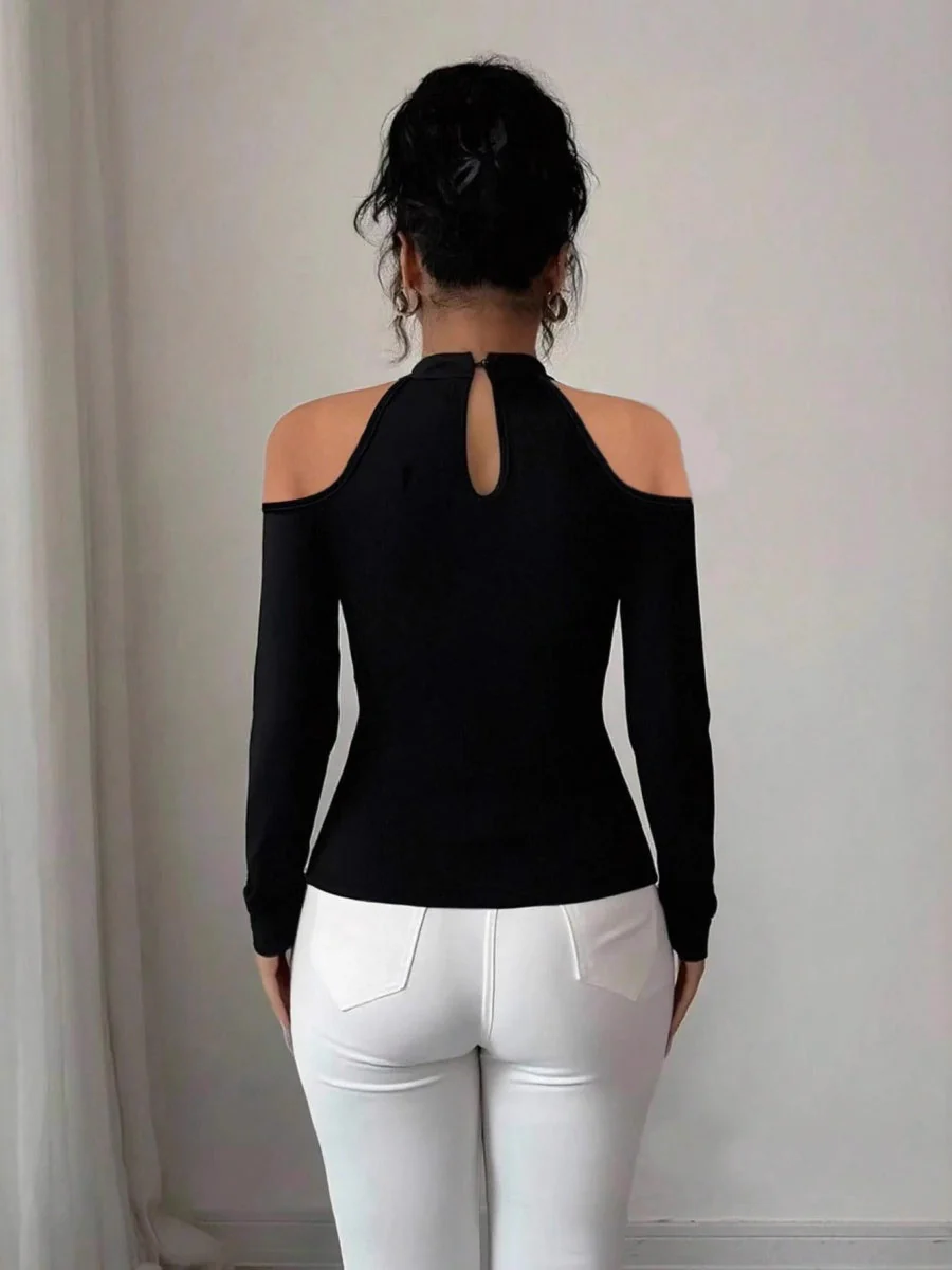 Black Halter Neck Style Off-shoulder Lace Decoration Ruffled Hem Waist Elegant Party Outfit T-shirt - Image 2
