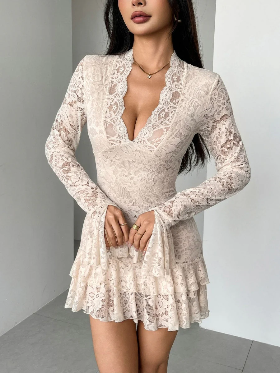 V-neck Lace Ruffle Mini&Short Dresses - Image 3