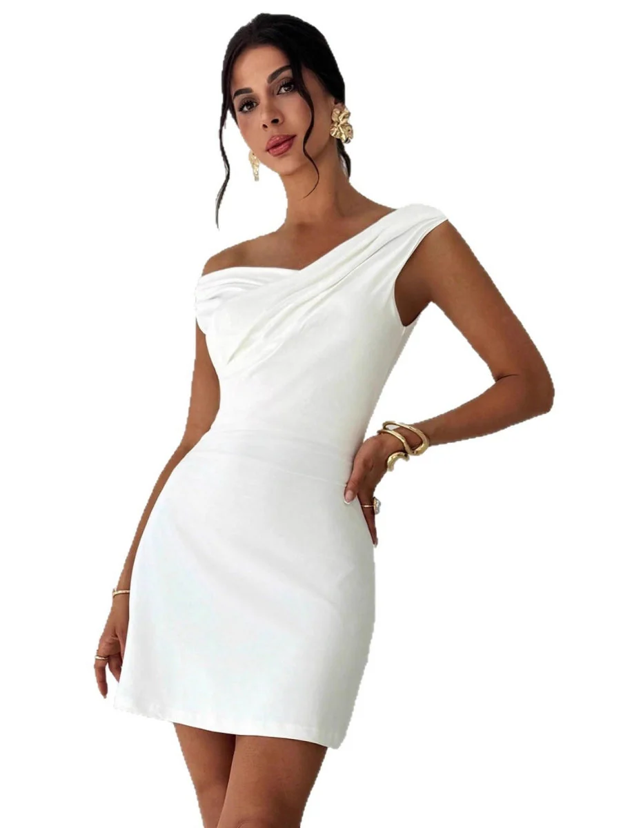 Off-the-shoulder Knitted Irregular Style Cross Neck Splicing Sleeveless Double Layer Slim-fit Short Dress - Image 5