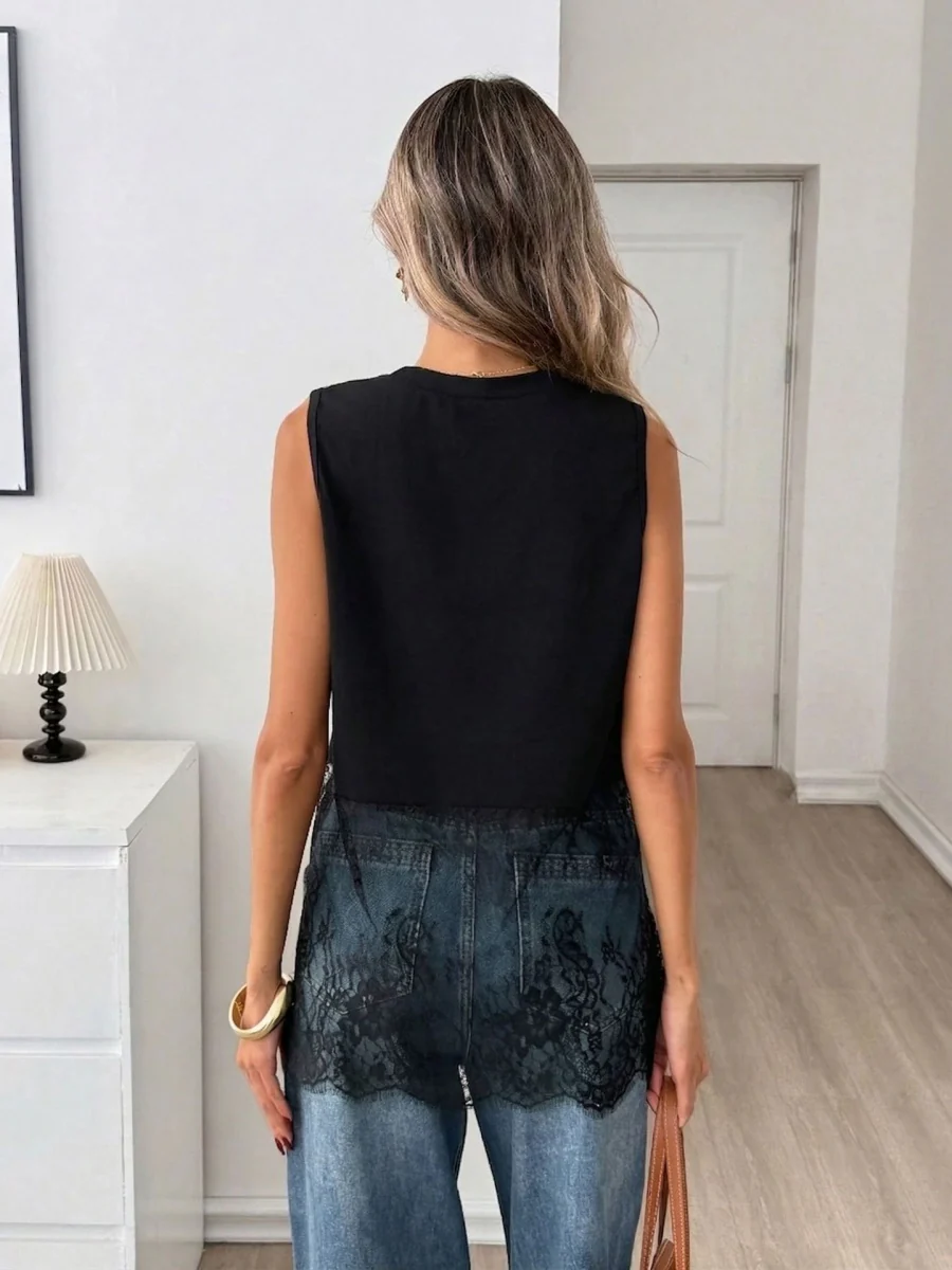 Black Sleeveless Lace Splicing Tank Tops - Image 2