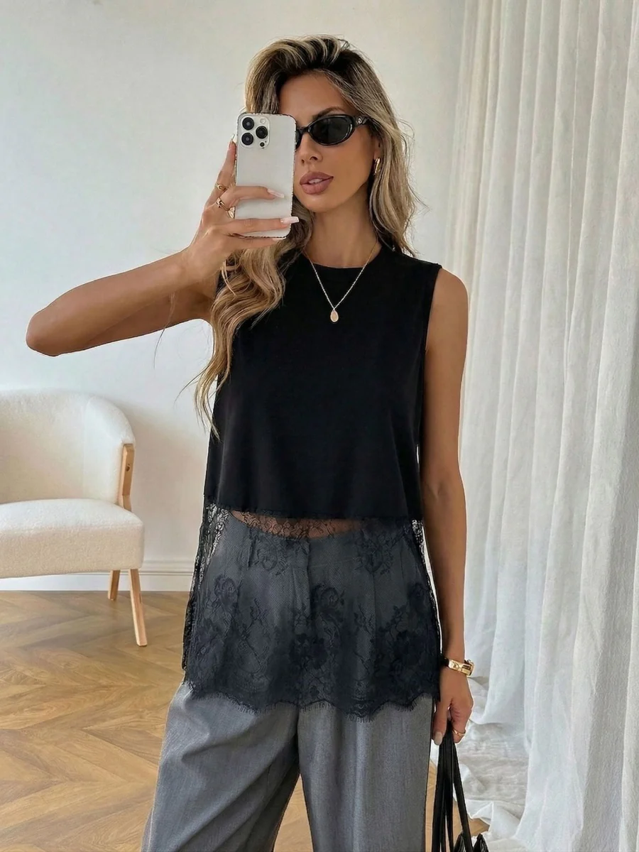 Black Sleeveless Lace Splicing Tank Tops - Image 3