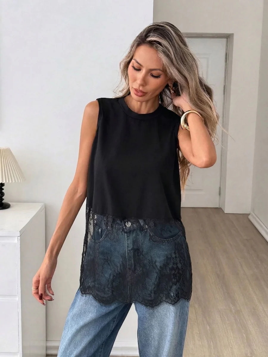 Black Sleeveless Lace Splicing Tank Tops - Image 4