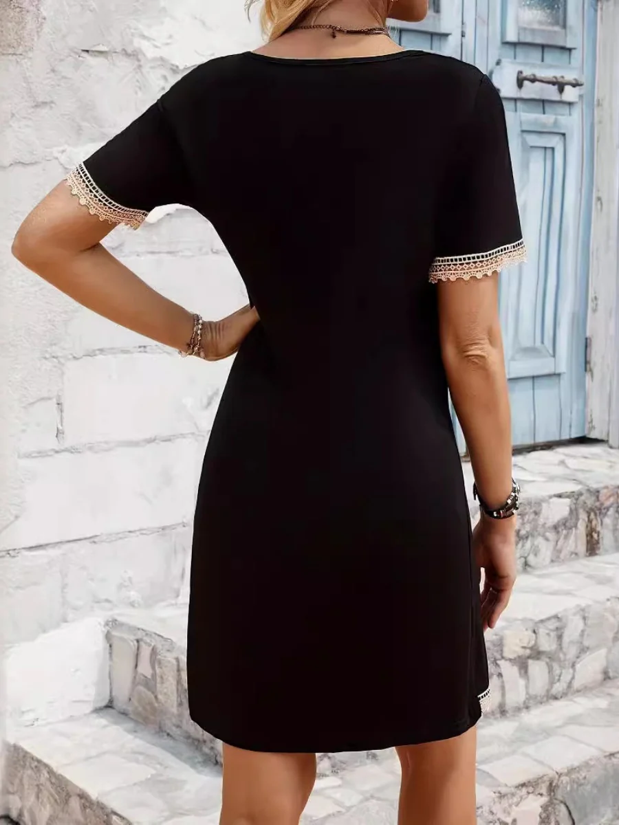 Lace Stitching Loose-fit Short Sleeve Mini&Short Dresses - Image 2