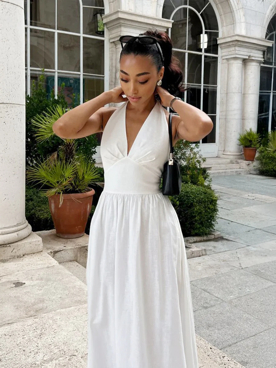 Halter V-neck Solid Color Maxi Dresses - Image 11