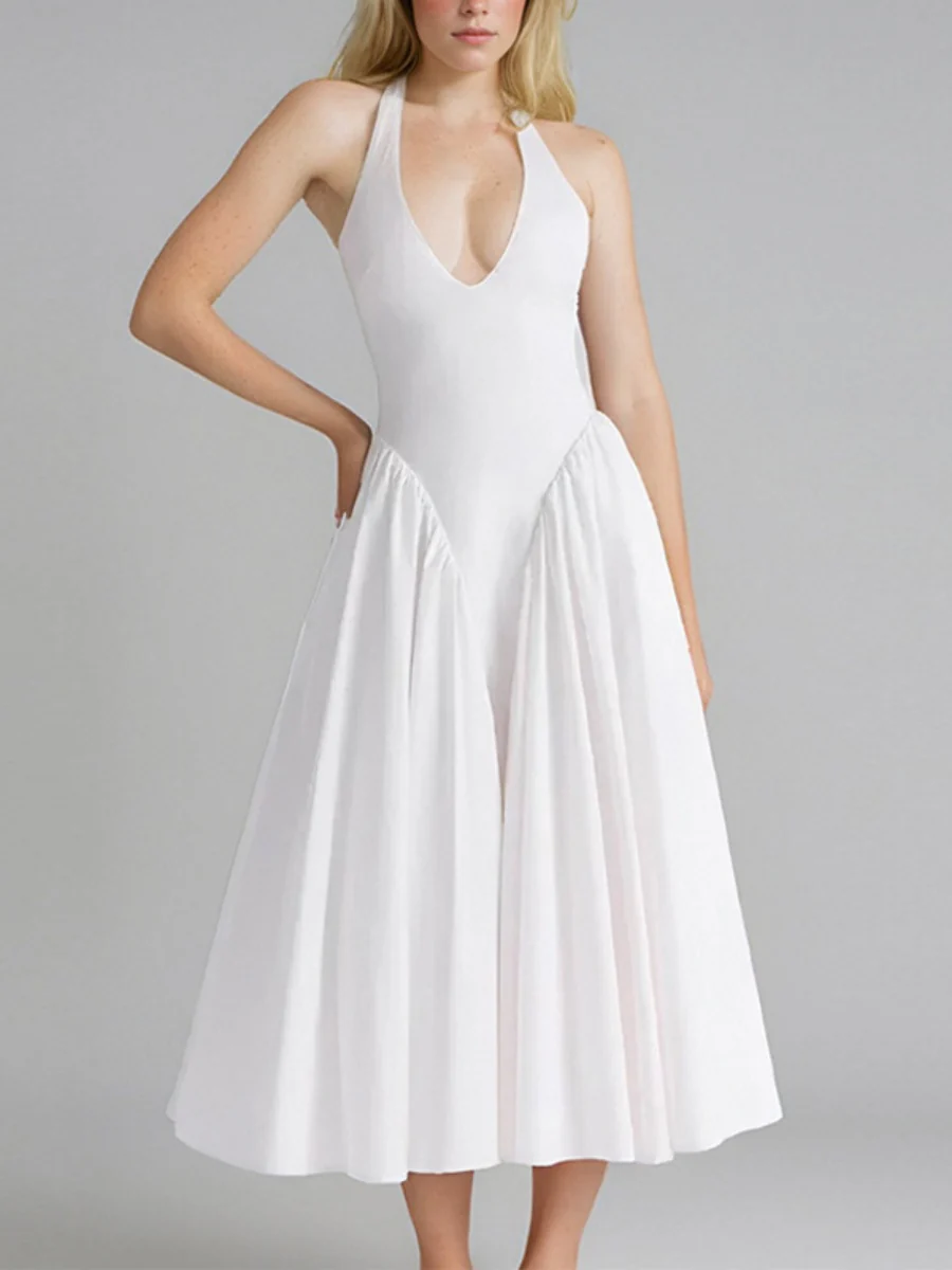 V-neck Halter Big Swing Backless Solid Color Maxi Dresses - Image 8