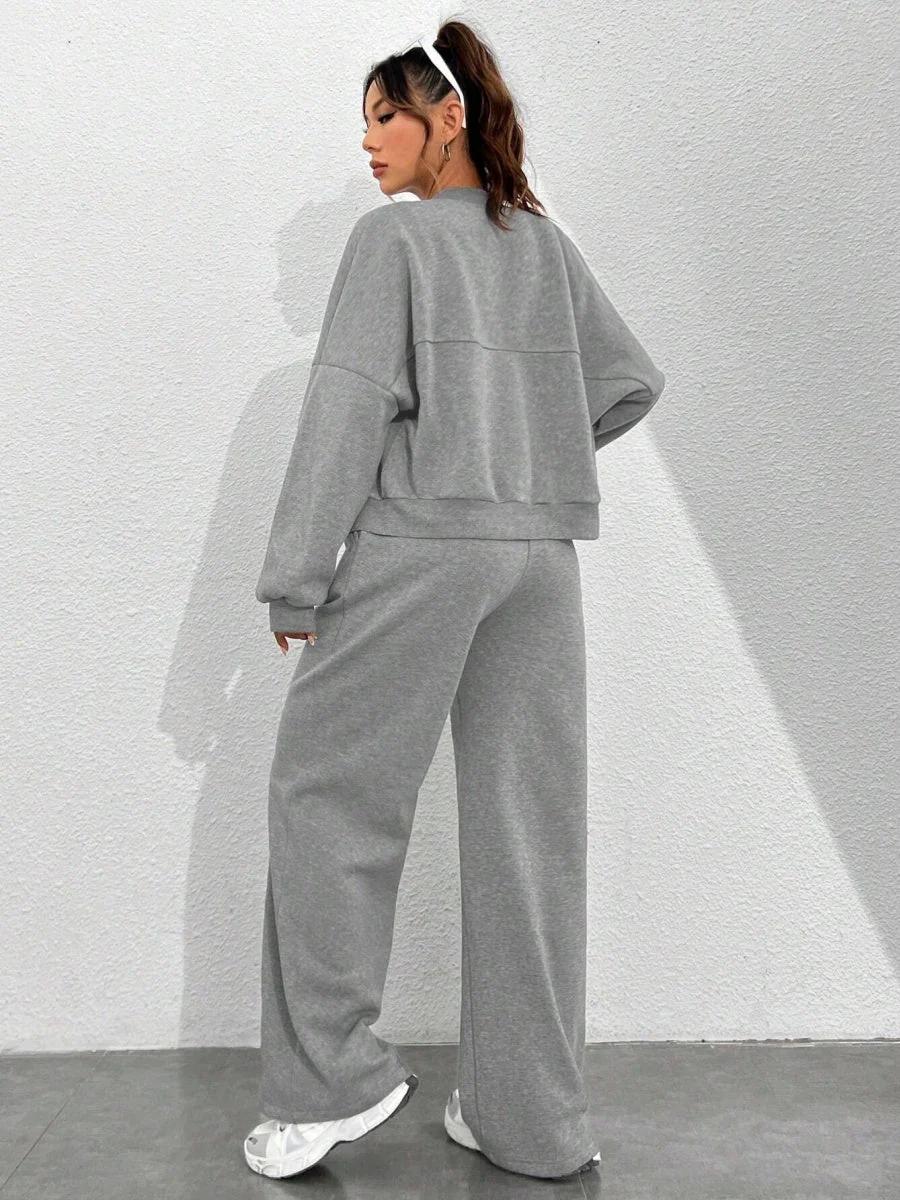 Sports And Leisure Solid Color Crew Neck Zipper 2-piece Sets - Image 18