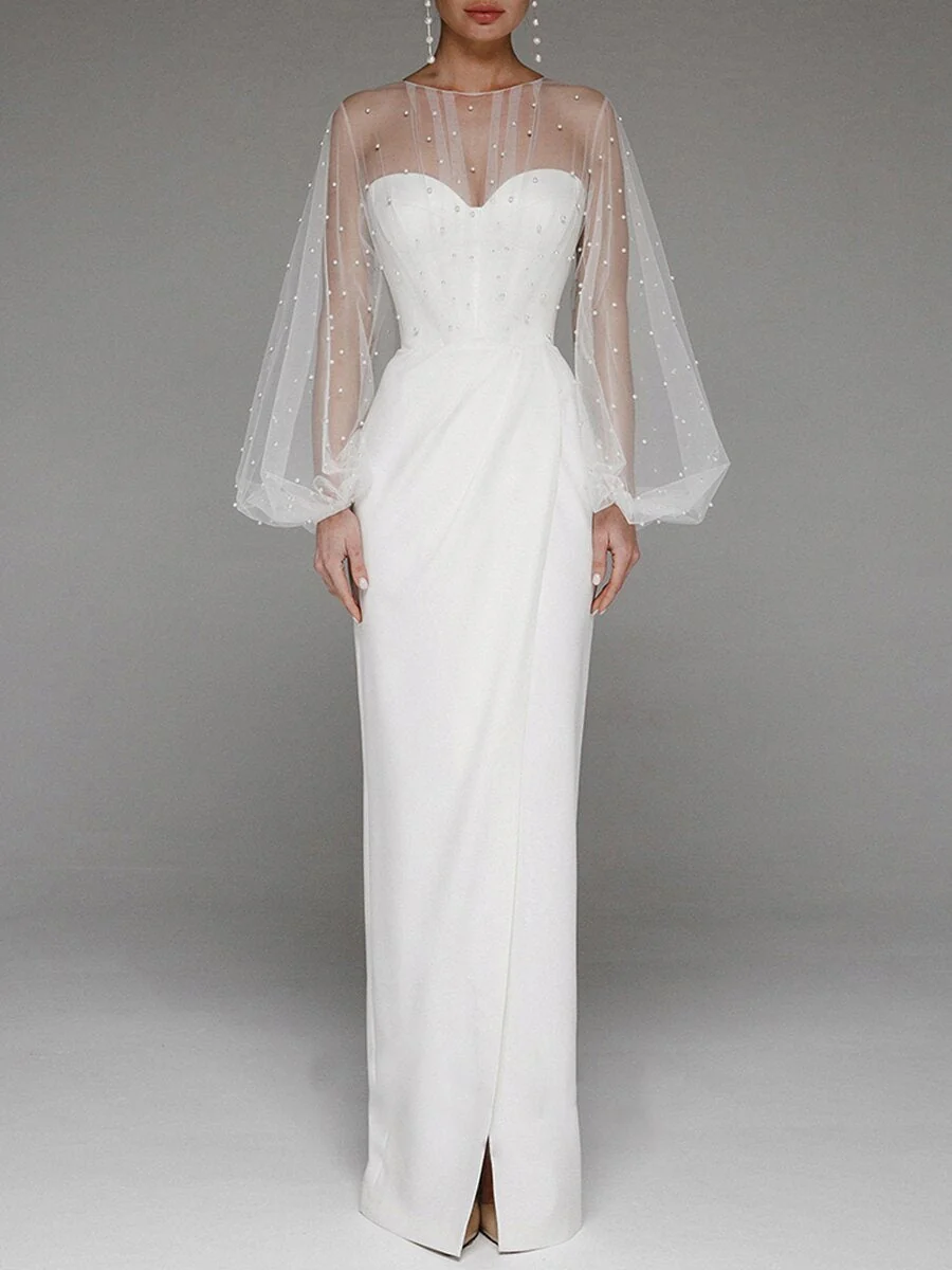 Pearl Mesh-paneled Sleeves Tube Top Maxi Dresses