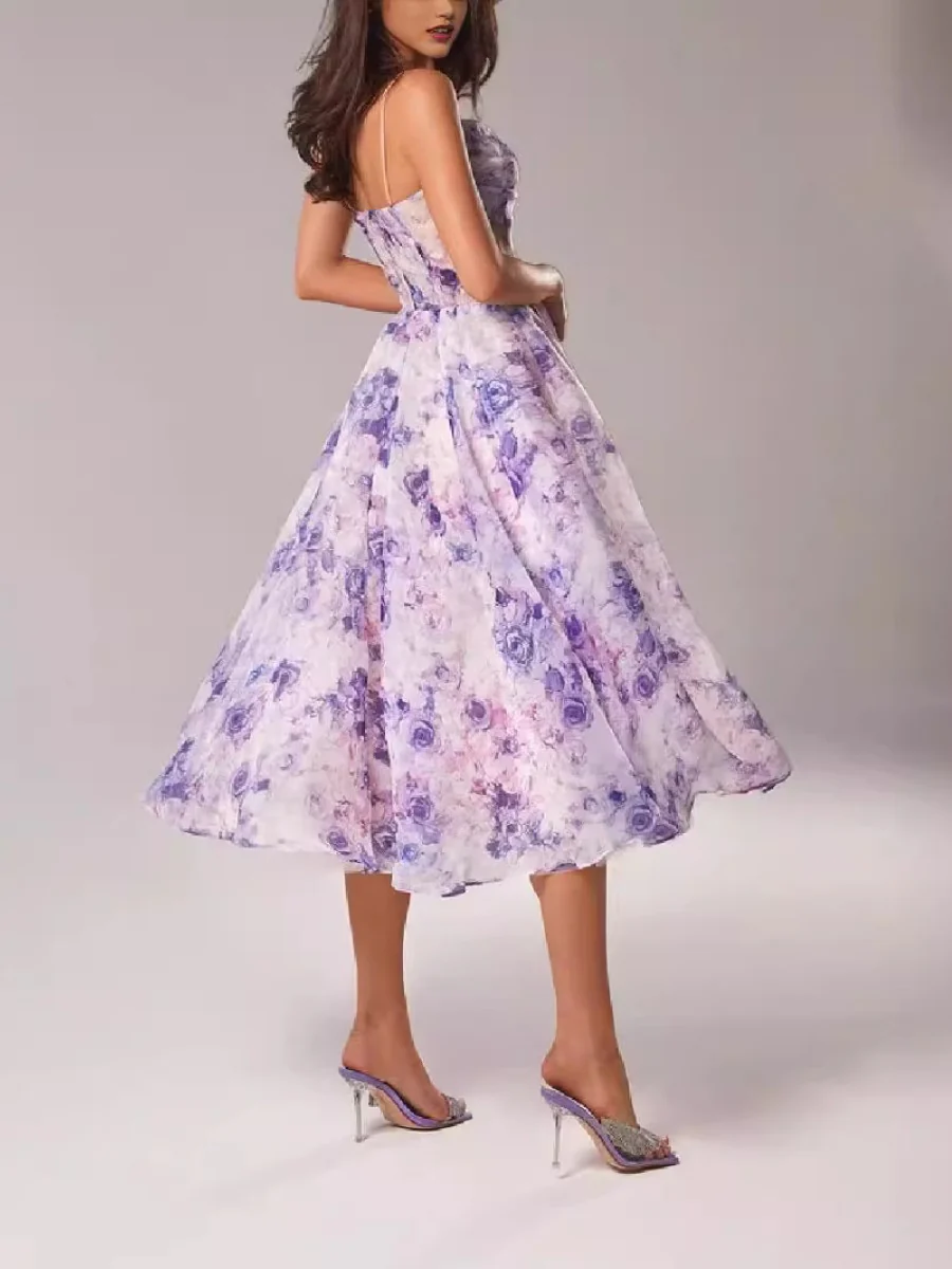 Zipper Floral Print Strapless Sleeveless Long Dress - Image 2