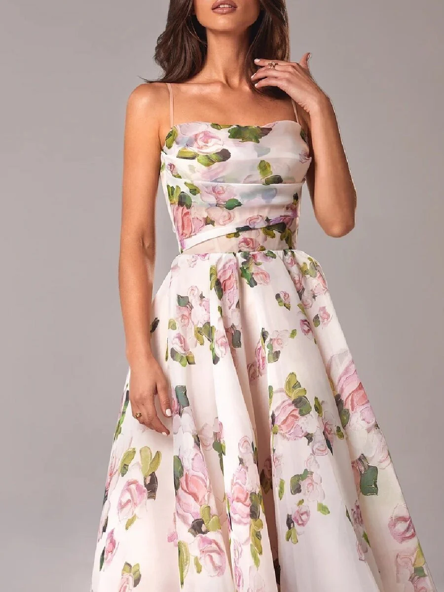 Zipper Floral Print Strapless Sleeveless Long Dress - Image 5