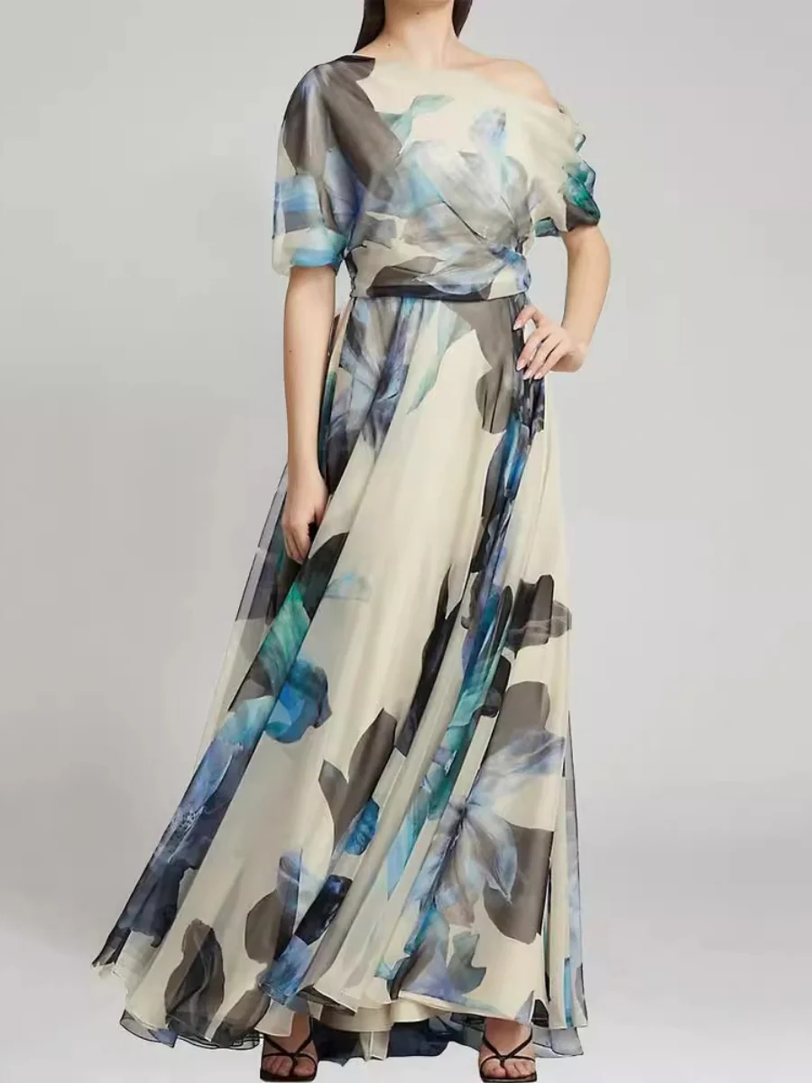 Pleated Printed Off Shoulder Vacation Maxi Dresses
