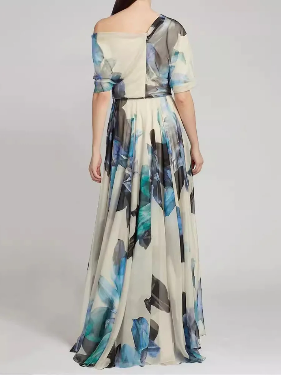 Pleated Printed Off Shoulder Vacation Maxi Dresses - Image 2