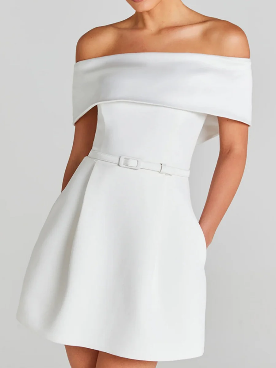 Off Shoulder Belts Formal Dress White Black Mini&Short Dresses