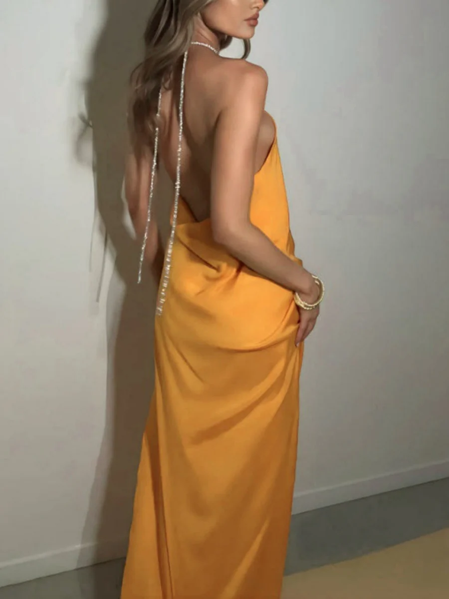 Satin Sexy Diamond Chain Formal Dress Maxi Dresses - Image 7