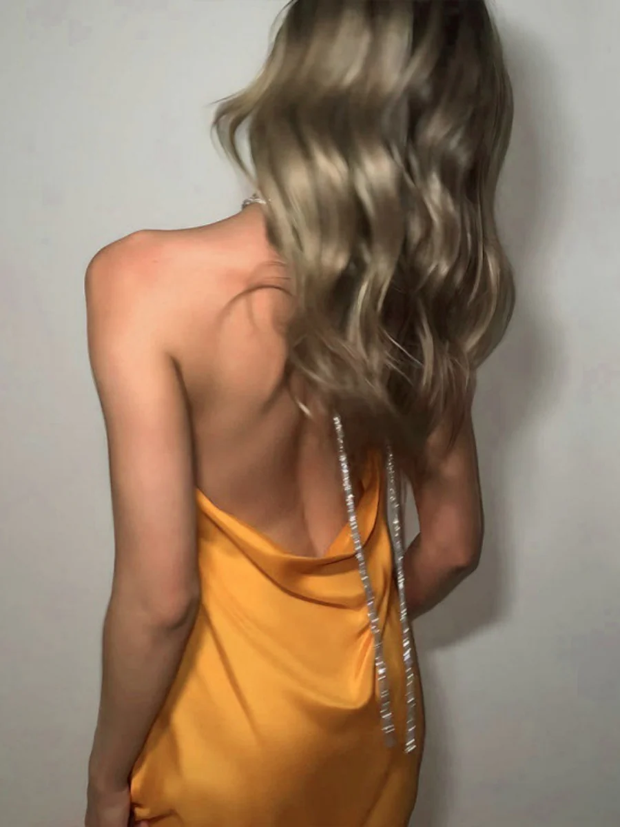 Satin Sexy Diamond Chain Formal Dress Maxi Dresses - Image 9