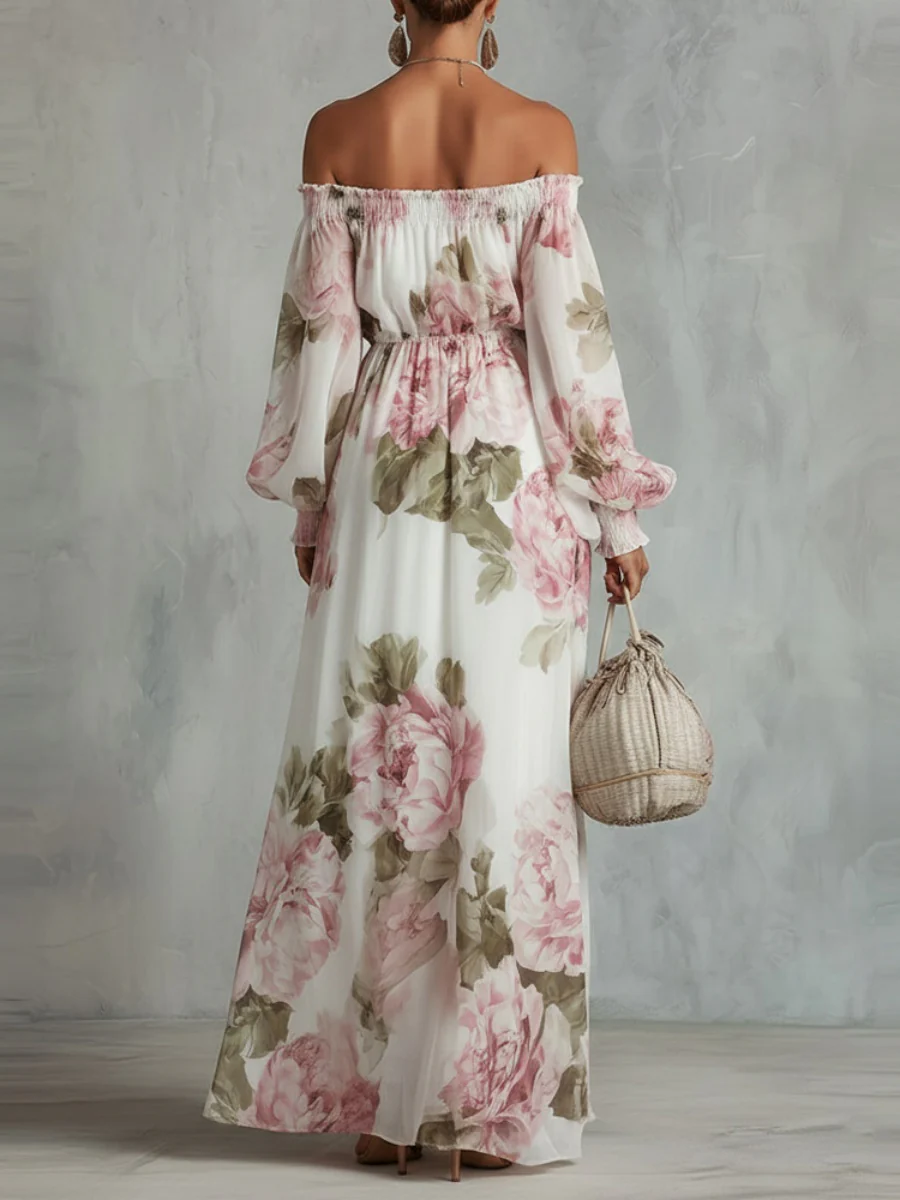 Off Shoulder Balloon Sleeve All-over Print Maxi Dresses - Image 2