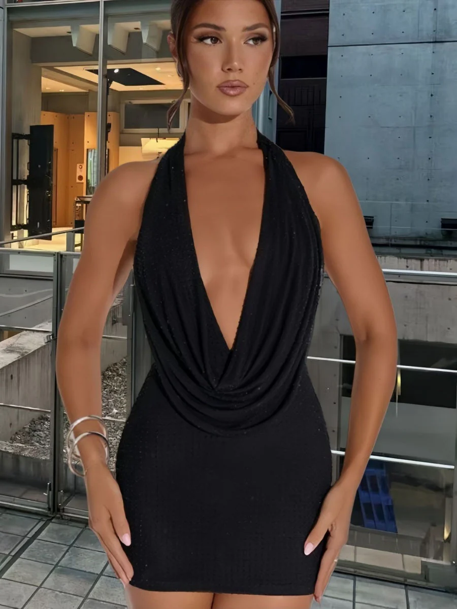 Halter Neck Backless Swing Collar Draped Collar Hip-hugging Backless Hot Diamond Short Dress For Cocktail Party - Image 2