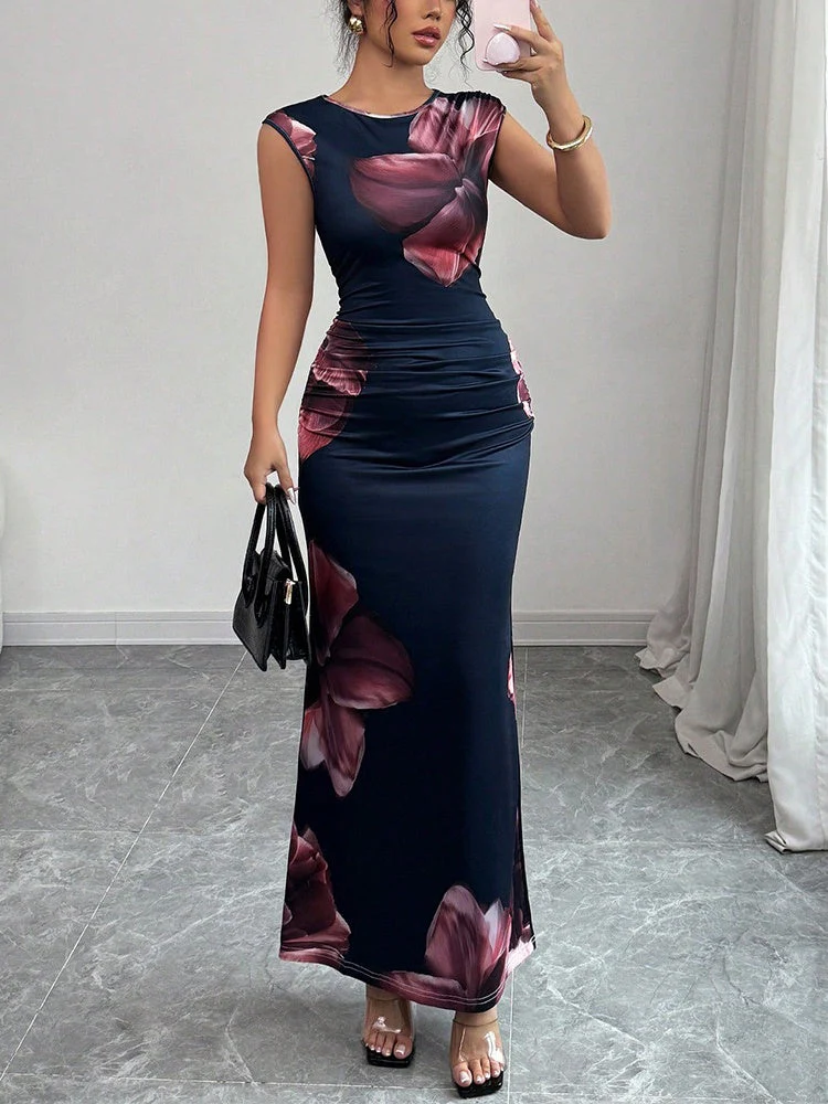 Floral Printed Sleeveless Hip Maxi Dresses - Image 2