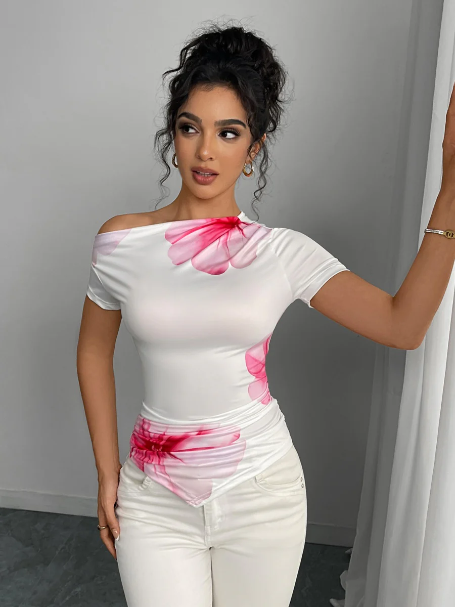 Irregular Hem Floral Print Short-Sleeve T-shirts - Image 6
