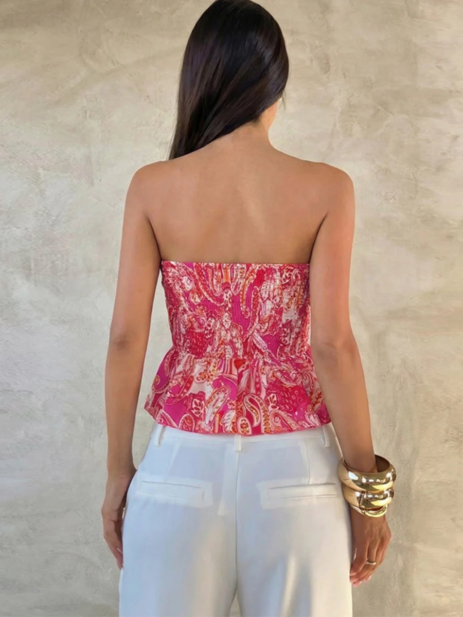 Sleeveless Strapless Dress With Gathered Waist And Ethnic Print - Image 2