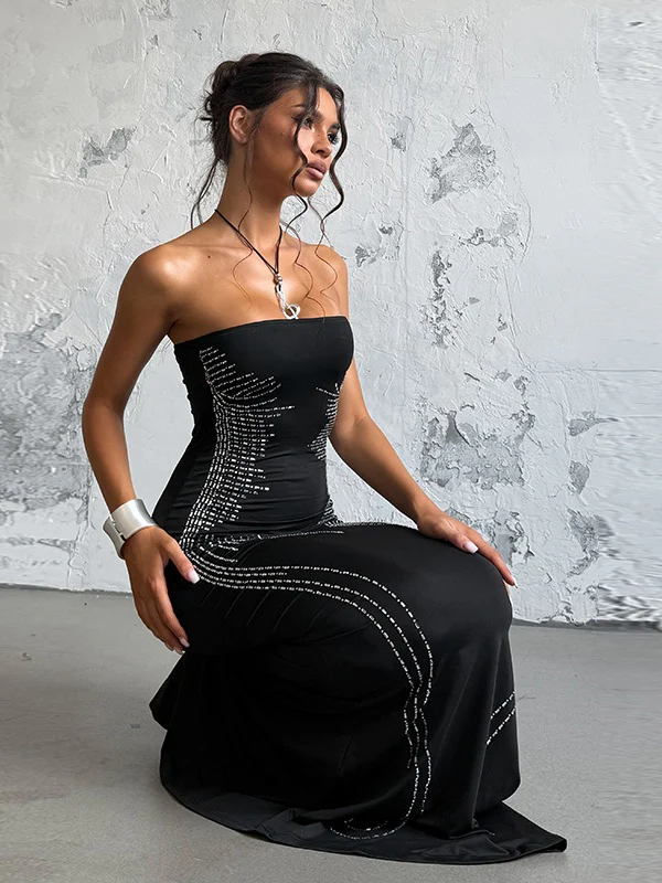 Angel Wings Slimming Rhinestone Strapless Long Dress - Image 7