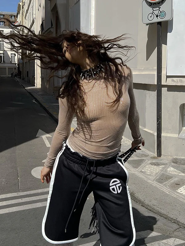 Nude Rhinestone See-through Tight-fitting Long-sleeved Top - Image 4