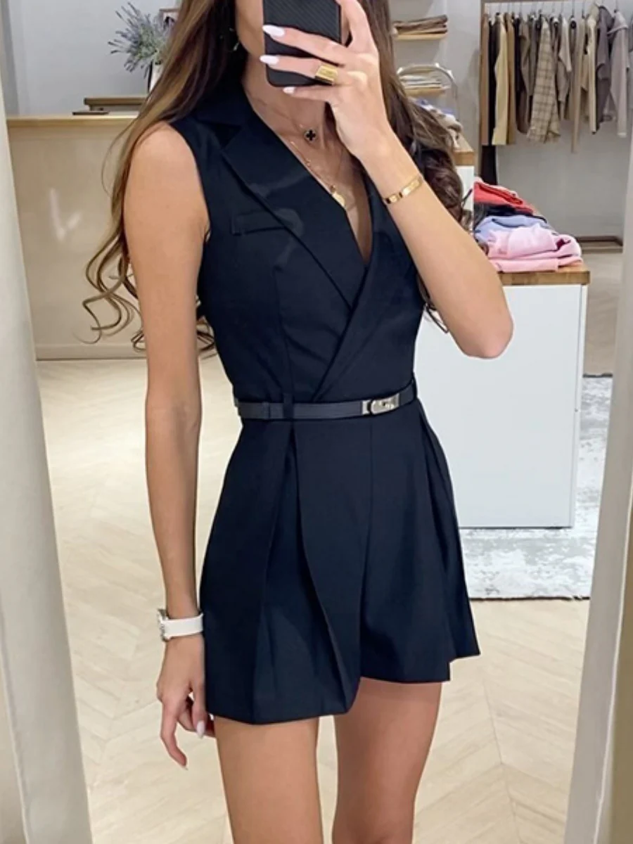 Stylish Business Suit V-neck Zipper Jumpsuit With Belt - Image 2