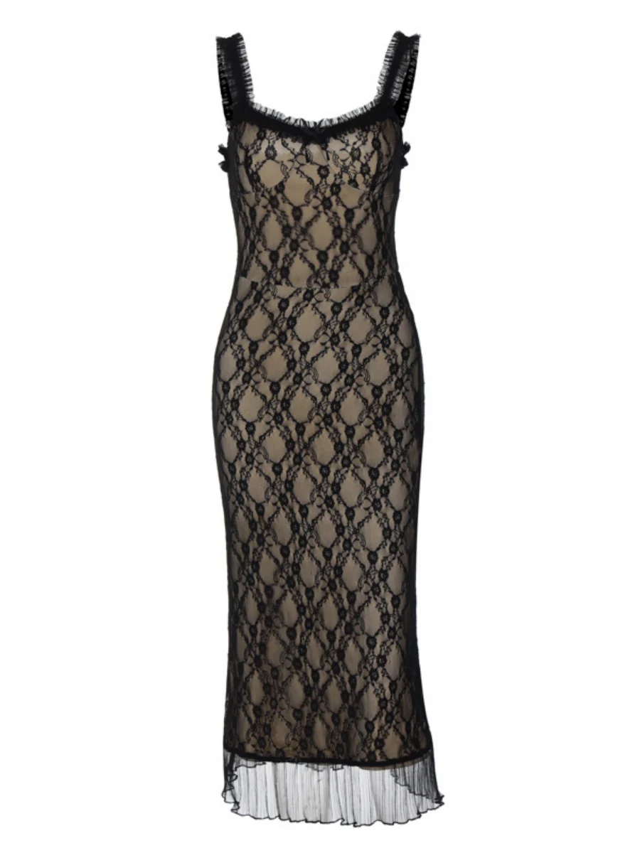 Black Lace Long Dress With A Bow At The Chest - Image 10