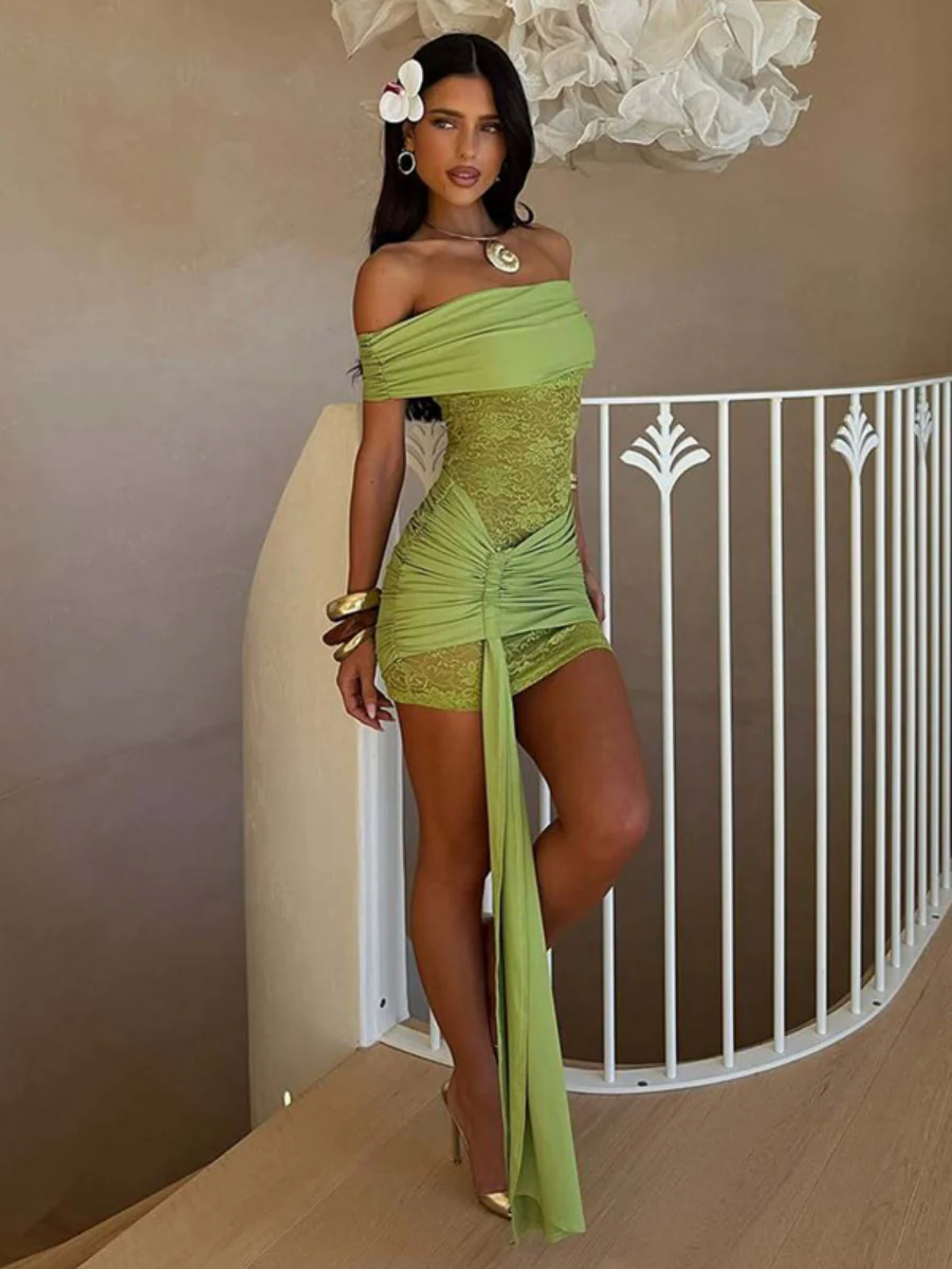 Off-the-shoulder Spliced Sheer Bodycon Short Dress With Straps - Image 3