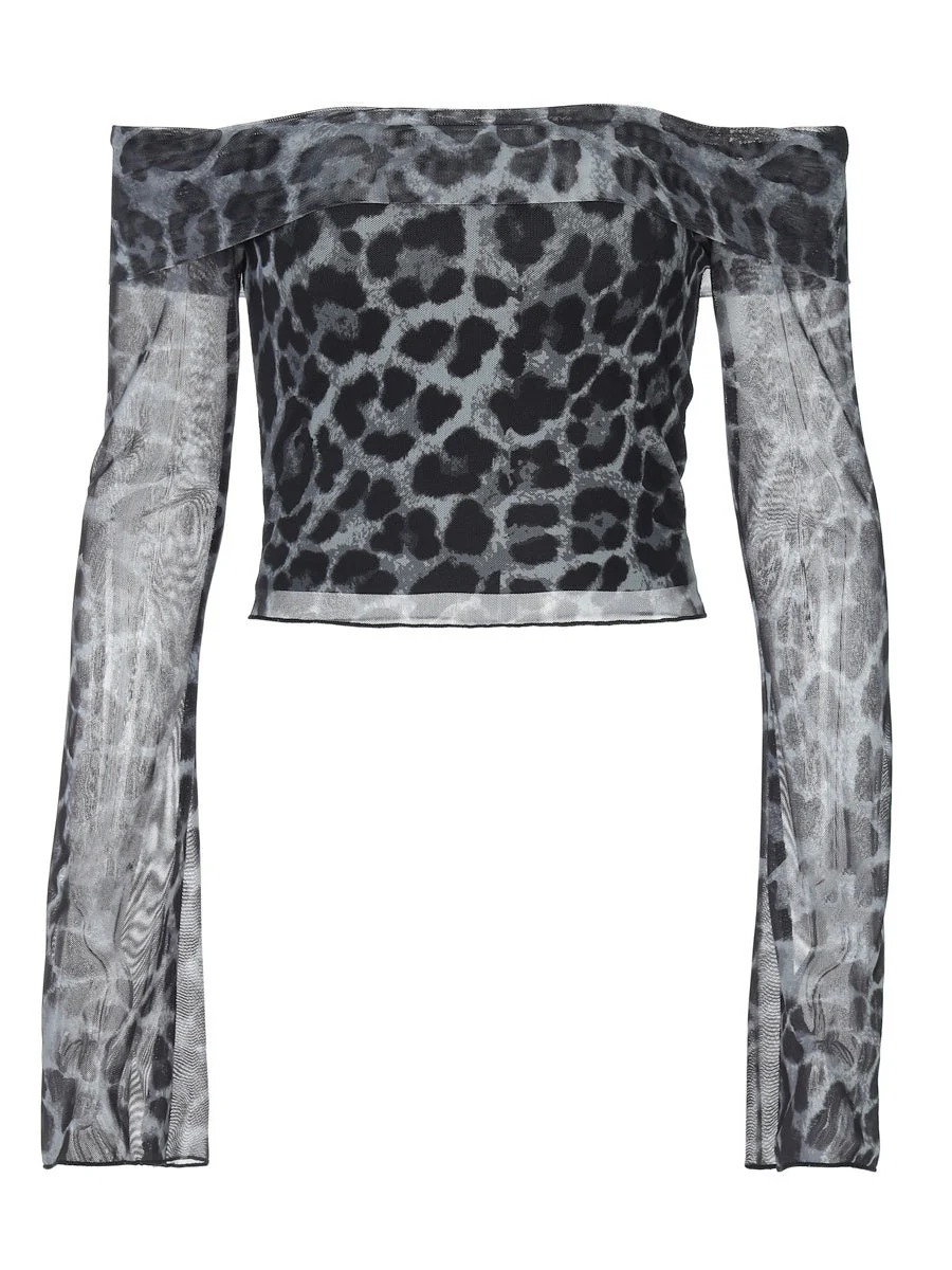 Sexy Off Shoulder Long Sleeve Navel Leopard Print Sexy Top - Image 10
