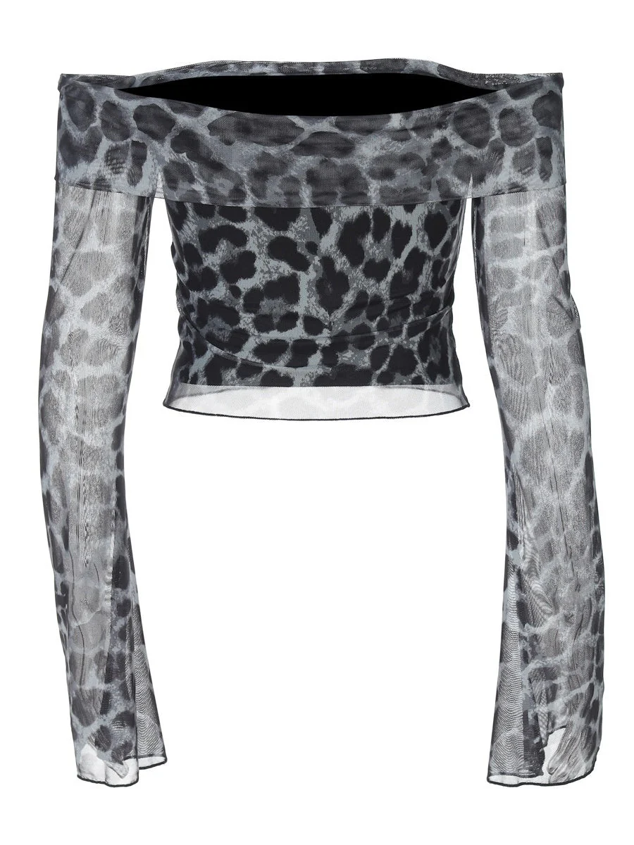 Sexy Off Shoulder Long Sleeve Navel Leopard Print Sexy Top - Image 11