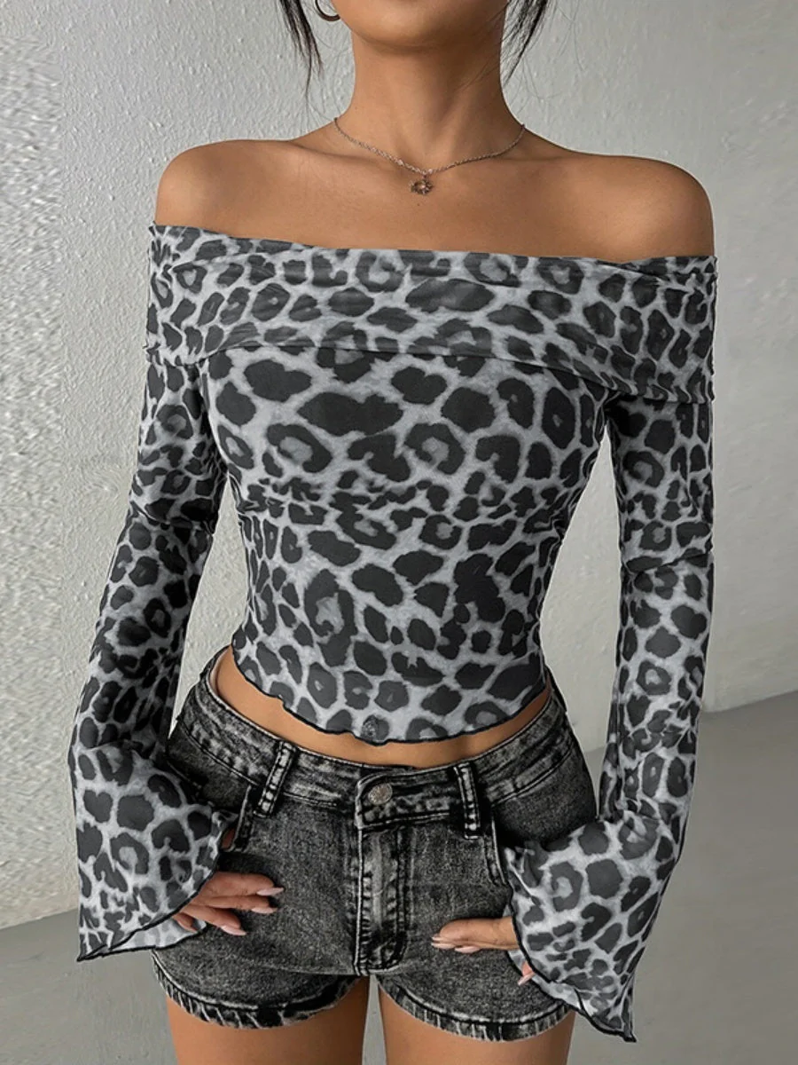 Sexy Off Shoulder Long Sleeve Navel Leopard Print Sexy Top - Image 8