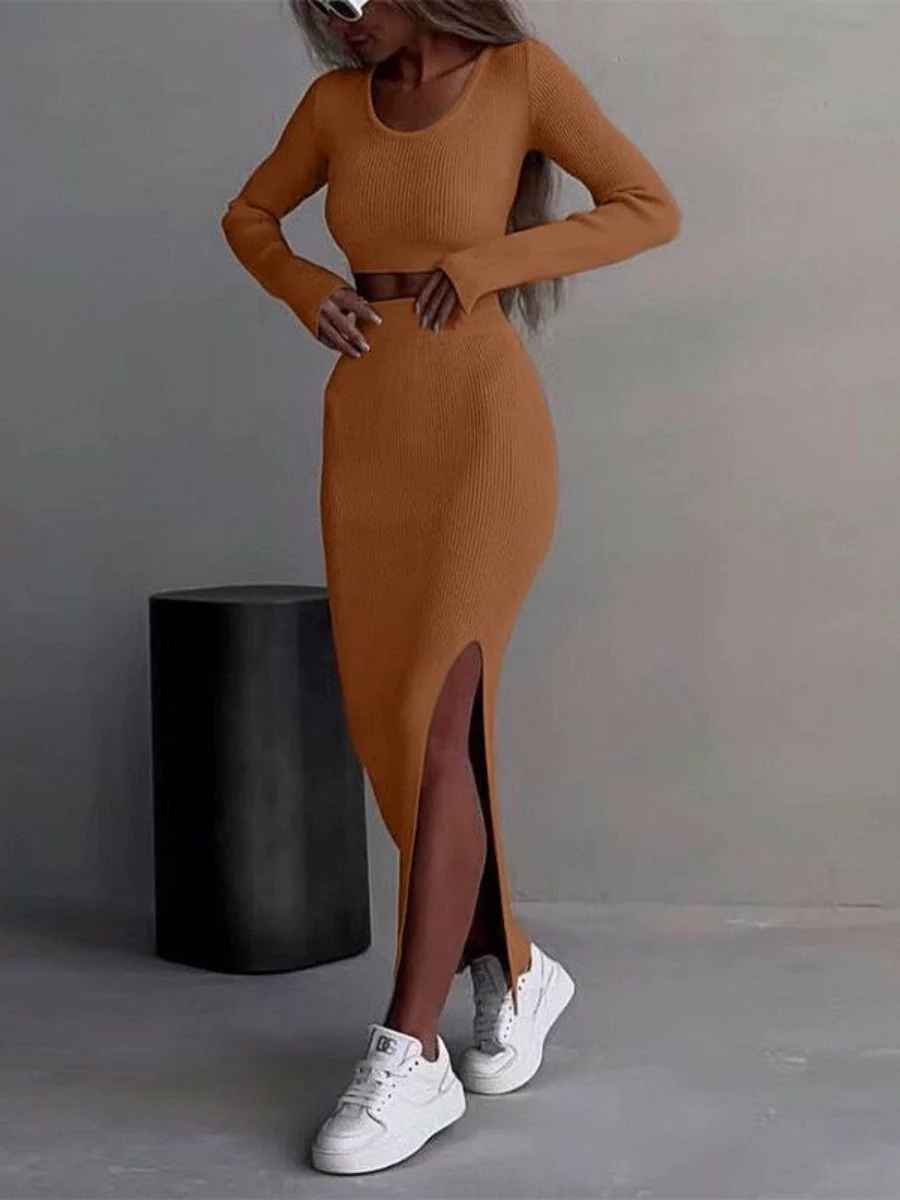 Knitting Long Sleeve T-shirts Skirts Slits Bodycon Dress 2-piece Sets - Image 4