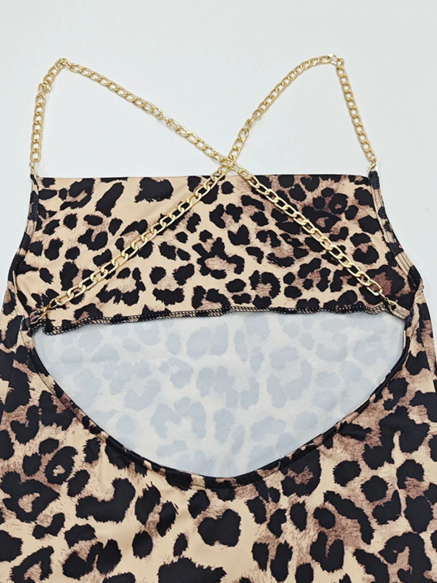 Chain Backless Camisoles Irregular High Slit Leopard Print Maxi Dresses - Image 7