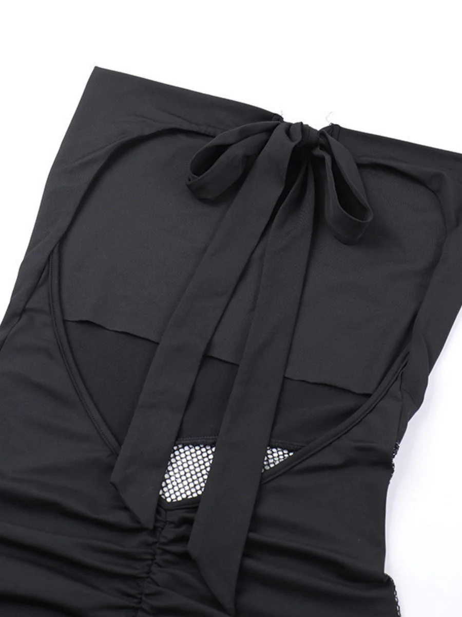 Backless Draped Collar Sparkling Mesh Splicing Halter Mini&Short Dresses - Image 11
