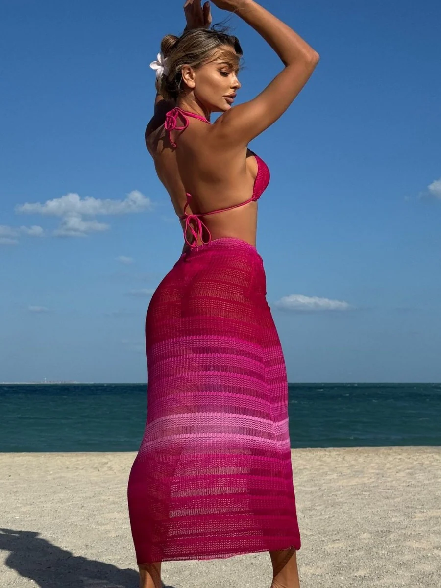 Gradient Mesh Bikini Beach Maxi Dress Three-piece Set - Image 2
