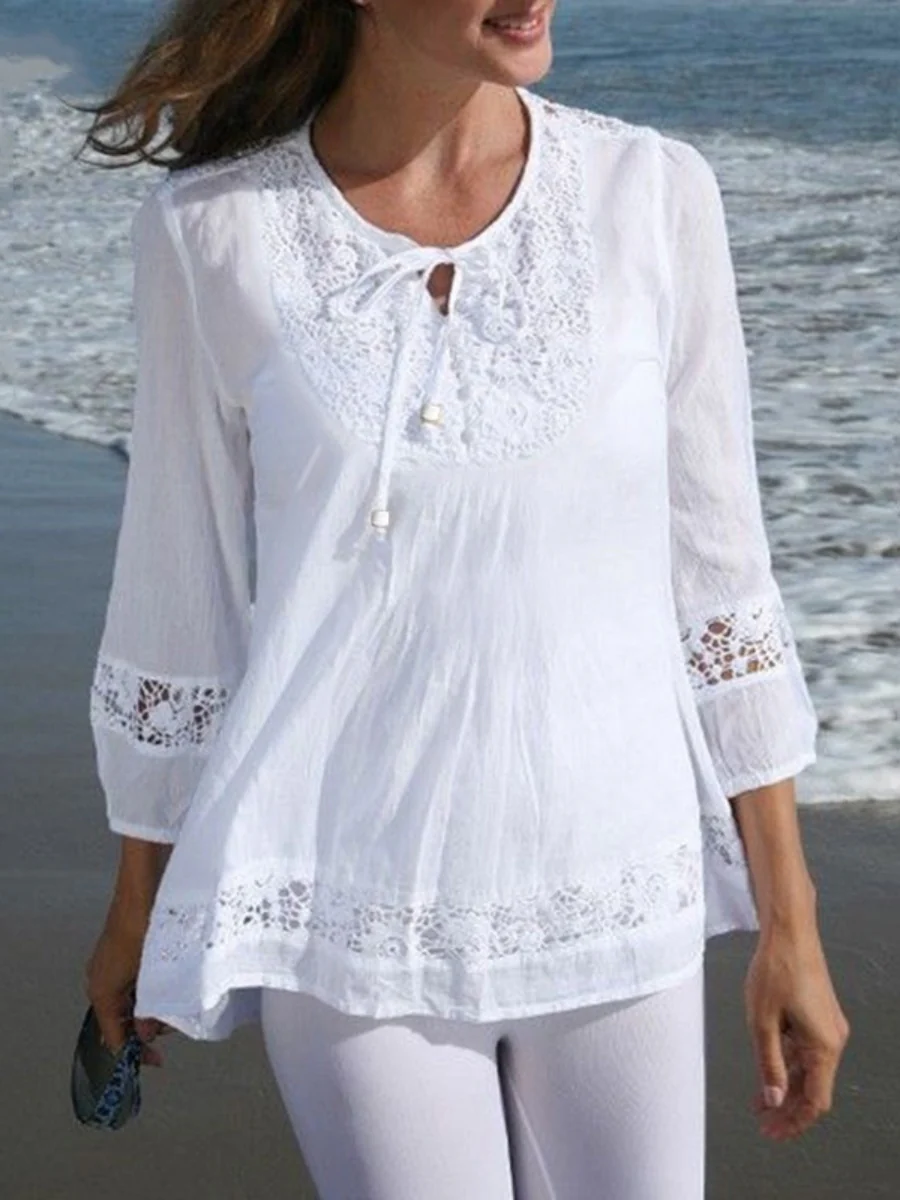 Tie-up Cotton And Linen Patchwork Lace Three-quarter Sleeve T-shirt