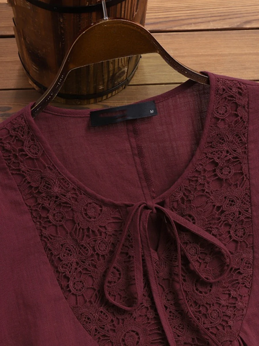 Tie-up Cotton And Linen Patchwork Lace Three-quarter Sleeve T-shirt - Image 10