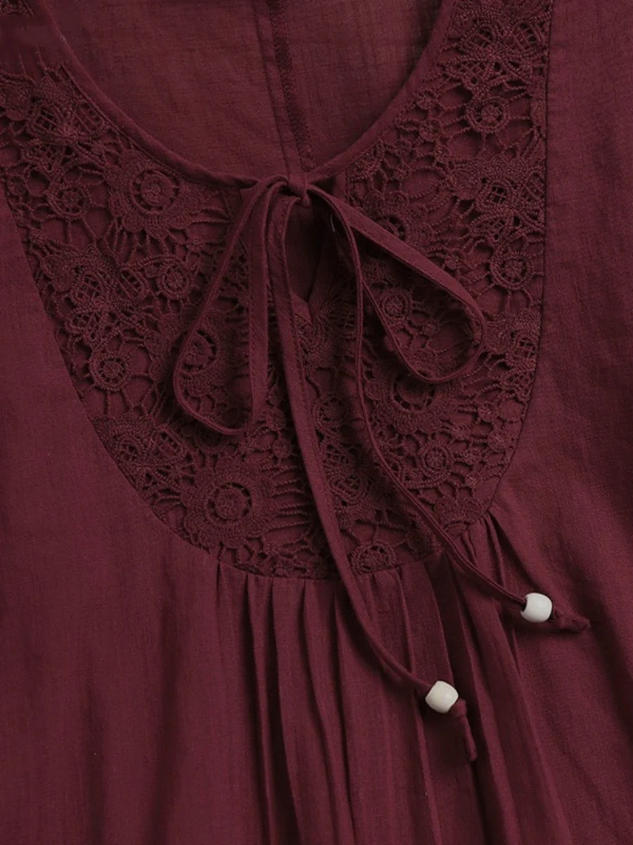 Tie-up Cotton And Linen Patchwork Lace Three-quarter Sleeve T-shirt - Image 11