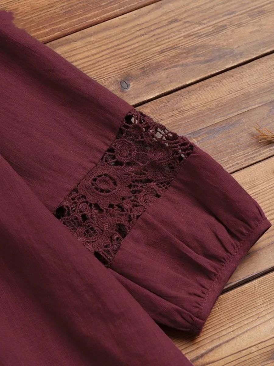 Tie-up Cotton And Linen Patchwork Lace Three-quarter Sleeve T-shirt - Image 12