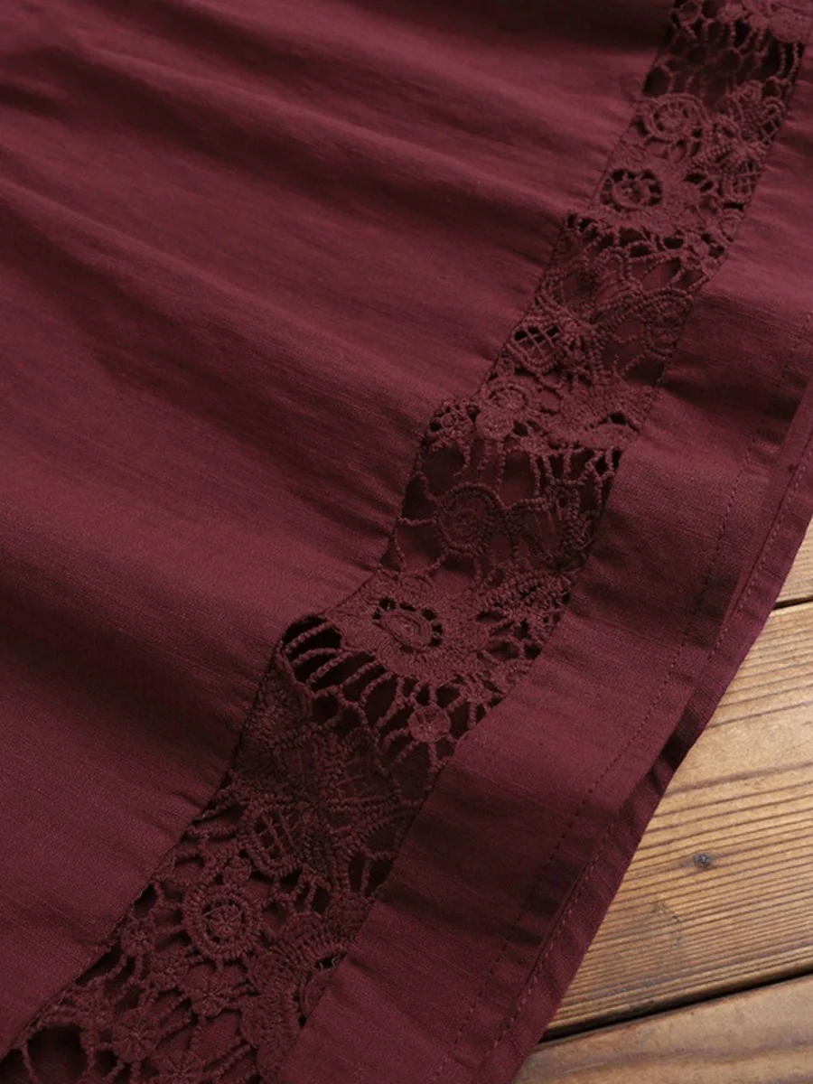 Tie-up Cotton And Linen Patchwork Lace Three-quarter Sleeve T-shirt - Image 13