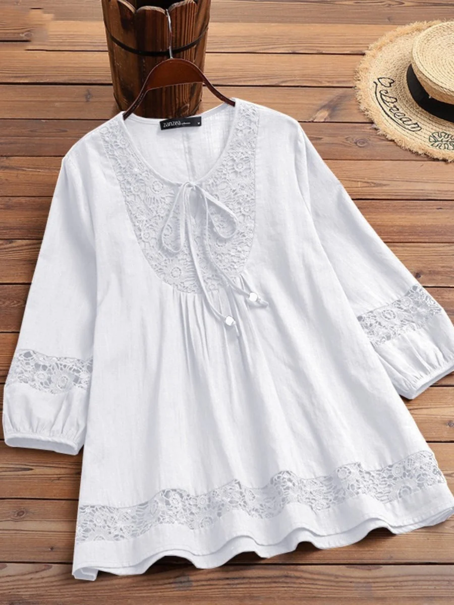 Tie-up Cotton And Linen Patchwork Lace Three-quarter Sleeve T-shirt - Image 2