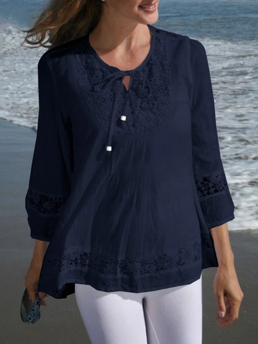 Tie-up Cotton And Linen Patchwork Lace Three-quarter Sleeve T-shirt - Image 3