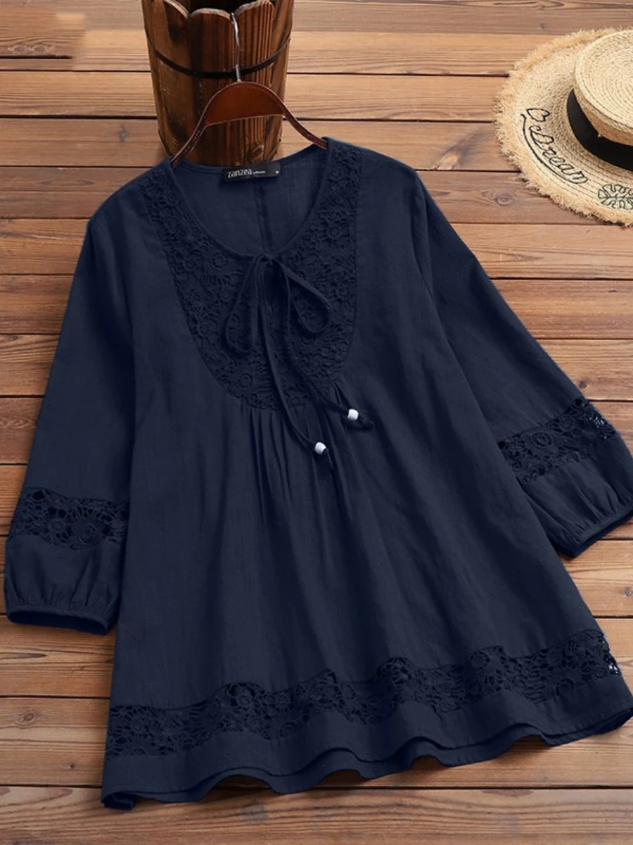 Tie-up Cotton And Linen Patchwork Lace Three-quarter Sleeve T-shirt - Image 4