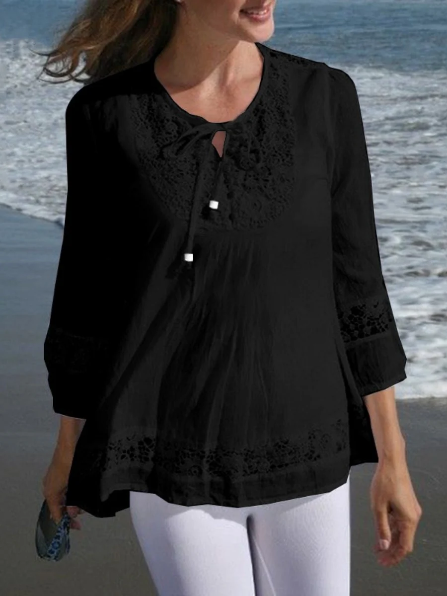 Tie-up Cotton And Linen Patchwork Lace Three-quarter Sleeve T-shirt - Image 5